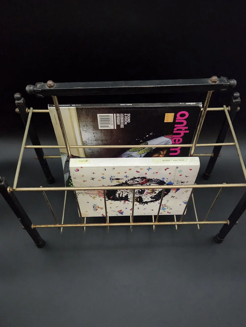 Vintage MCM Minimalist Gilt Brass Cage Rustic Iron Frame Design Magazine Rack